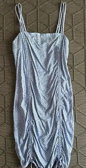 Blue Mini Dress with Small White Flowers and Adjustable Straps, Size M thumbnail 1