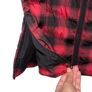 J. Jill Womens Buffalo Plaid Full Zip Quilted Puffer Long Down Vest Red Black XS thumbnail 5