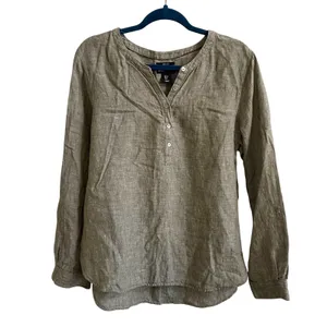 Jones New York Linen Tunic Women Large Olive Green Coastal Boho Henley Roll Tab‎ thumbnail 2