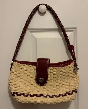 BRIGHTON Phyllis Natural Straw Red Leather Lined Shoulder Bag Braided Strap thumbnail 1