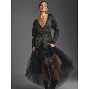 Velvet by Graham & Spencer Lurex Cotton Cashmere Blend Cardigan Black Metallic M thumbnail 2