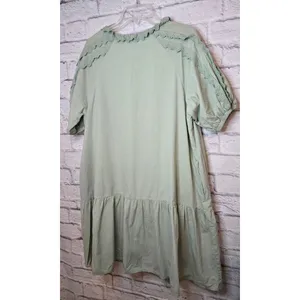&Merci green cotton boho gauze peasant puff sleeve lace dress medium. thumbnail 5
