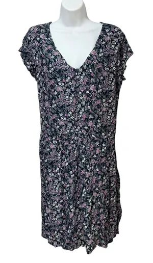 Garnet Hill Floral Lenzing Ecovero Viscose V-Neck Mini Dress Teal Purple Size M thumbnail 1