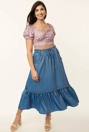 Unique Vintage NWT 1970s Chambray Ruffle Tiered Midi Skirt X-SMALL thumbnail 1