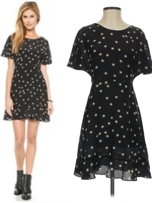NWOT Pam & Gela Black & White Star Print Washed 100% Silk Flutter Sleeve Dress 6 thumbnail 4