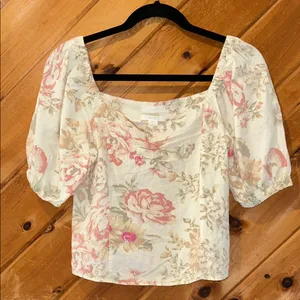 H&M vintage floral linen-blend puff sleeve top thumbnail 1