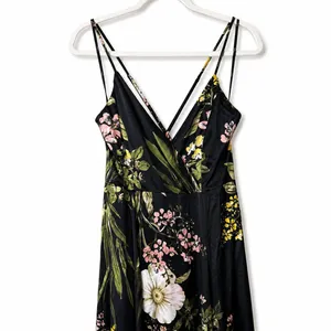 NEW Lulus Black Floral Satin Surplice V-Neck Strappy Back Maxi Dress, Large thumbnail 4