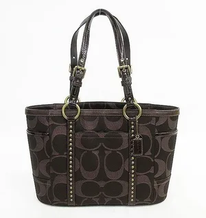 COACH Gallery Metallic Dark Chocolate Bronze Jacquard Signature Studded Tote thumbnail 1