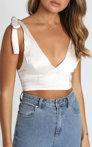 Lioness‎ Champagne Beige Satin Tie Strap Escape Artist Crop Tank Top XS thumbnail 1