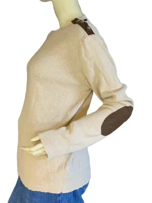 Lauren Ralph Lauren Oatmeal & Brown Ribbed Knit Top With Elbow Patches (Xl) thumbnail 2