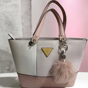 Guess Blush & Cream Colorblock Tote Bag Gold Logo Charm Pom Pom Large thumbnail 6