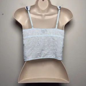 Women Coquette 100% Cotton Top XS Blue Eyelet‎ Lace Ribbon Corset Fairy thumbnail 9