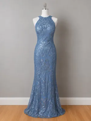 Boutique #3-8 Dusty Blue Sequin High Halter Neckline Sleeveless Column Gown. thumbnail 3