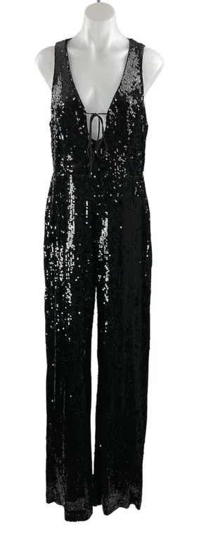 If By Sea Women's Black Sleeveless Sequin Tie Plunging V-Neck Romper Jumpsuit L thumbnail 1