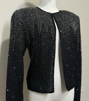 90s STÉNAY Beaded 100% Silk Bolero Jacket | Black Silver Sequin Evening thumbnail 1