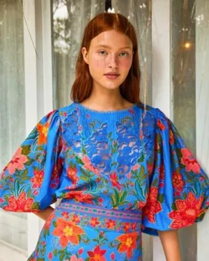 Farm Rio Tropical Tapestry Blouse Lace Inset Sz. S thumbnail 1