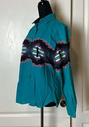 90s VINTAGE TEAL WESTERN ROPER COLLARED BUTTON UP LONG SLEEVE Blue Size M thumbnail 2