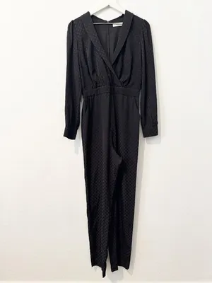 Ali‎ Jay Jumpsuit Size Medium Black Polka Dot Long Sleeve Pocket Mob Wife Retro thumbnail 3