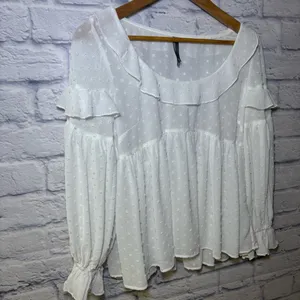 Anthropologie Ruffle Mesh Women’s Long Sleeve Blouse Swiss Dot Sheer Size Small thumbnail 5