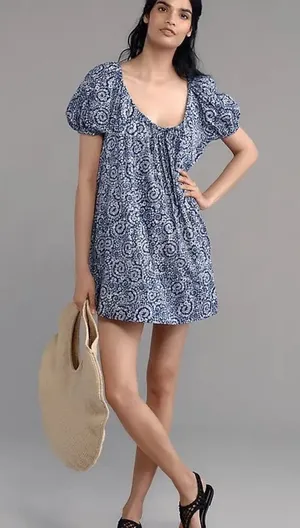 Anthropologie Maeve Mini Swing Dress‎ Blue White Ditsy Floral NWT Small thumbnail 1