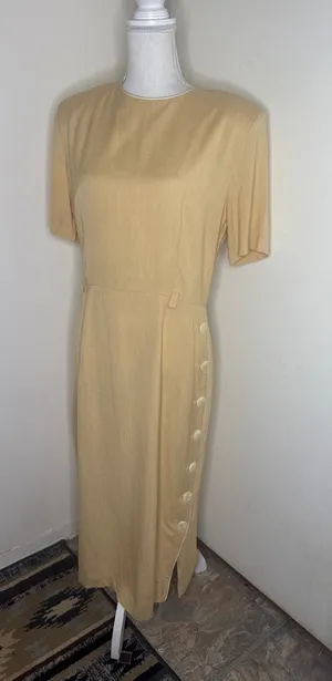 VTG 90s Casual Corner Rayon Linen Side Button Midi Dress Yellow 14 (Fits M/L) thumbnail 1