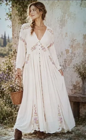 Free People Day Glow Embroidered Babydoll Dress Ivory Floral Boho Peasant thumbnail 1