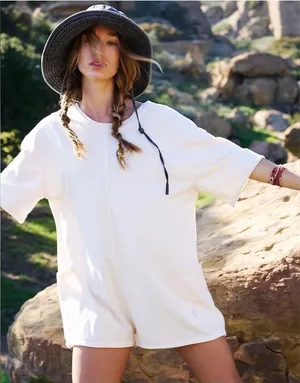 NEW! FREE PEOPLE MOVEMENT Hot Shot Tee Romper Shorts X-SMALL Bleached Clay Ivory thumbnail 1