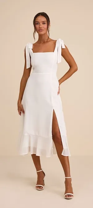 Lulus Summer Invite White Tie-Strap Tiered Midi Dress Wedding Bridal XL NWT thumbnail 1