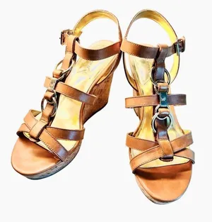 Marc Fisher Genny Brown‎ Leather Strappy Wedge Sandals Gold Metallic Details 10M thumbnail 1