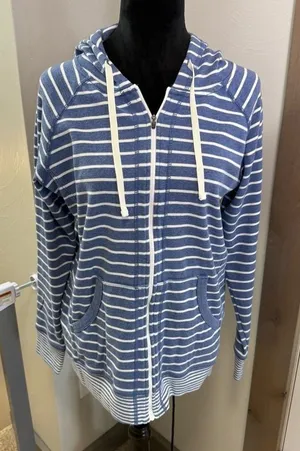Eddie Bauer Legendwash Blue White Stripe Full Zip Sweater Hoodie Cotton L thumbnail 1