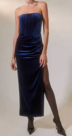 Bardot Navy Velvet Strapless Column Dress Size XS thumbnail 1