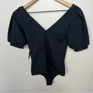 Express NWT Black Puff Sleeve Bodysuit V Neck Ruched Size XS Thong Body Suit thumbnail 6