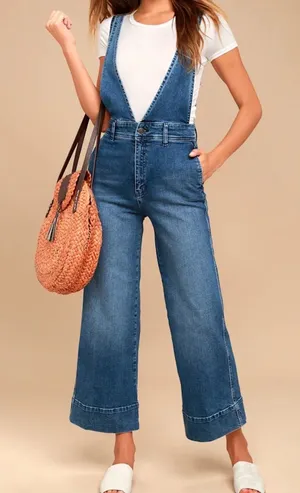 Free People Denim Wide-Leg Overalls - Blue thumbnail 1