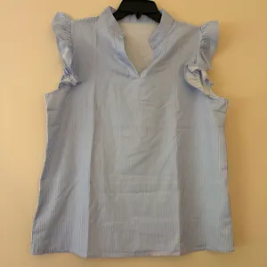 Blue White Striped Ruffle Sleeve Blouse V Neck Sleeveless Top Stretch Size L thumbnail 1