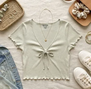 John‎ Galt Brandy Melville Sage Green Tie Front Lettuce Edge Ribbed Crop Top OS thumbnail 1