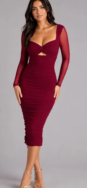 Burgundy Midi Dress Ruched Long-Sleeve | Windsor thumbnail 1