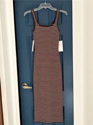 Double Zero Chocolate Brown & White Striped Ribbed Midi Tank Dress – Small NWT thumbnail 3