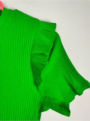 Zara Bright Green Ribbed Short Sleeve Top with Ruffle Sleeves Small NWT thumbnail 5