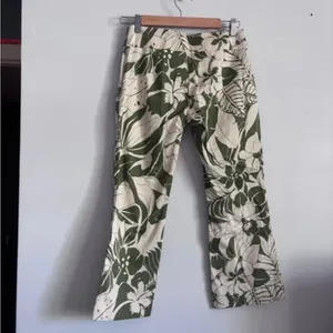 Zara Basic Olive Green and Cream Boho Floral Patterned Pants thumbnail 6