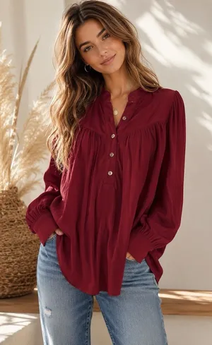 By Anthropologie Burgundy Ruffle Shoulder Peasant Blouse Long Bishop Sleeve XL thumbnail 1
