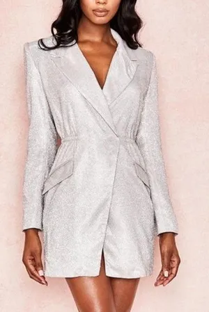 House of CB Shimmer Blazer Wrap Dress Women S Silver Glam Sparkle Cocktail Party thumbnail 1