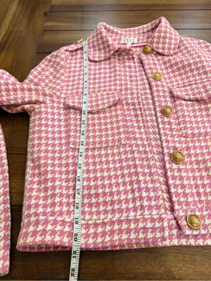 TCEC Pink Tweed Houndstooth Blazer Jacket & Skort Shorts Set Metallic Gold M thumbnail 10