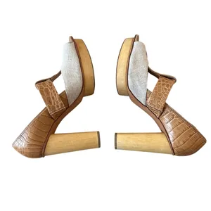 Tory Burch Georgina Linen Platform Heels Croc Leather Peep Toe‎ Sz 9 thumbnail 8