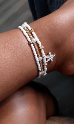 Handmade 3pcs/Set Women Simple White Rice Bead/Faux Pearl Beaded Anklet With Golden Starfish & Seashell Charms, Suitable For Daily Wear And Vacation thumbnail 2