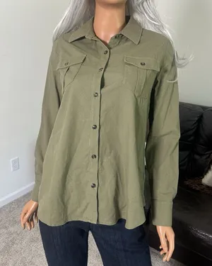 Tuckernuck Med Olive Steele Button Up Utility Blouse Shirt‎ Linen Blend Forest thumbnail 1