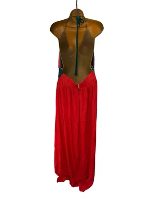 Gianni Bini Crochet Halter Maxi Dress Open Back Red Pink Colorblock Boho XL thumbnail 6