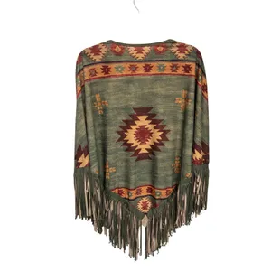 Southwestern Aztec Fringe Poncho Tunic Sage Green Earth Tone Top Santa Fe XL/XXL thumbnail 2