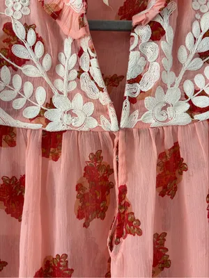 Free People Pink Red Patricia Floral Embroidered Sheer Long Sleeve Boho Blouse M thumbnail 3