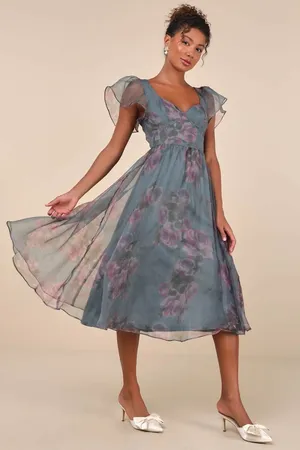 NWT Lulus Mesmerizing Mood Slate Floral Organza Ruffled A-Line Midi Dress Sz XL thumbnail 1