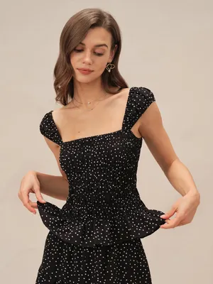Rihoas Smocked Square-Neck Black Polka Dot Tank Top thumbnail 1